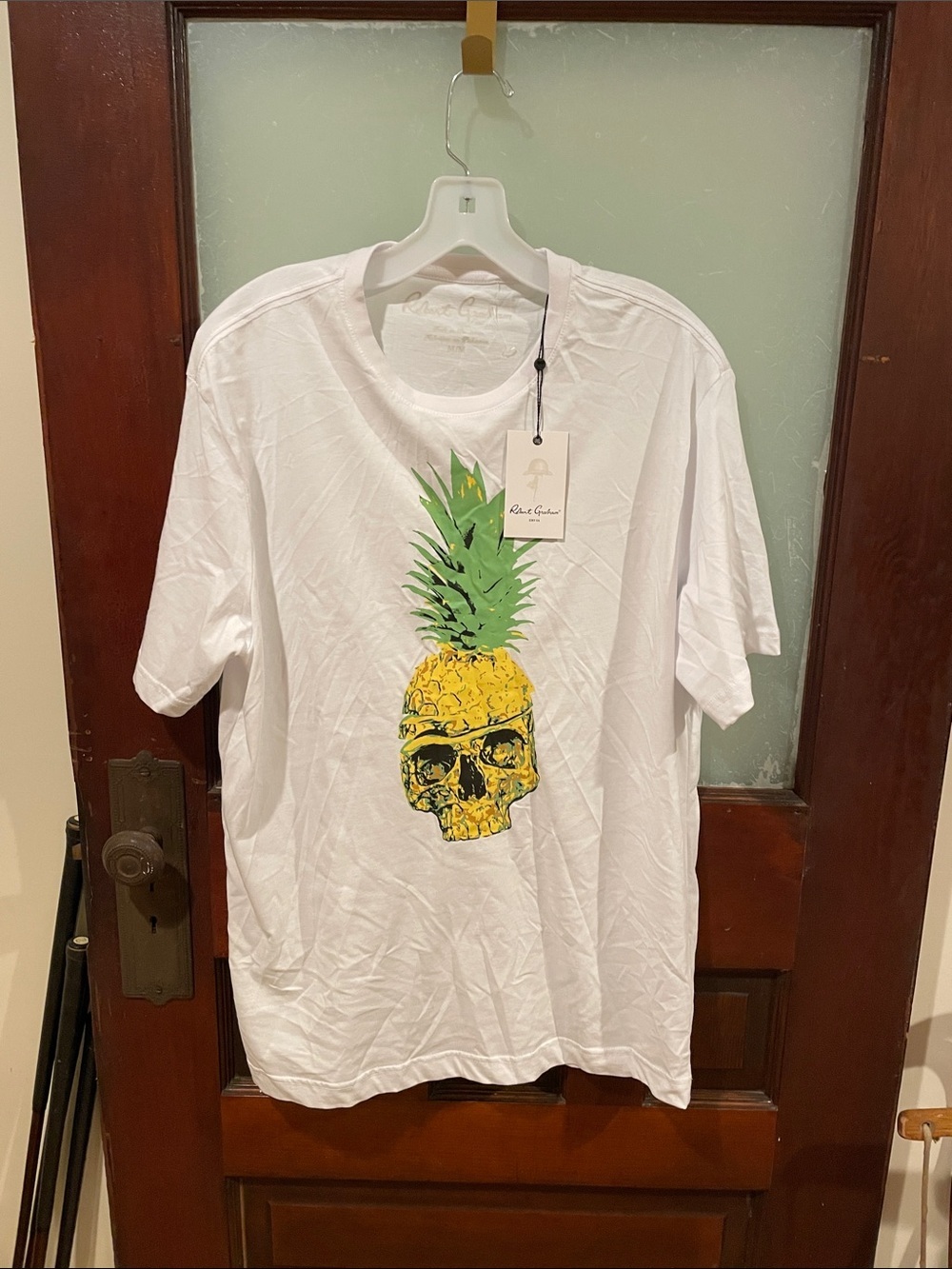 Robert Graham White Tee with Yellow Pineapple Skull Graphic